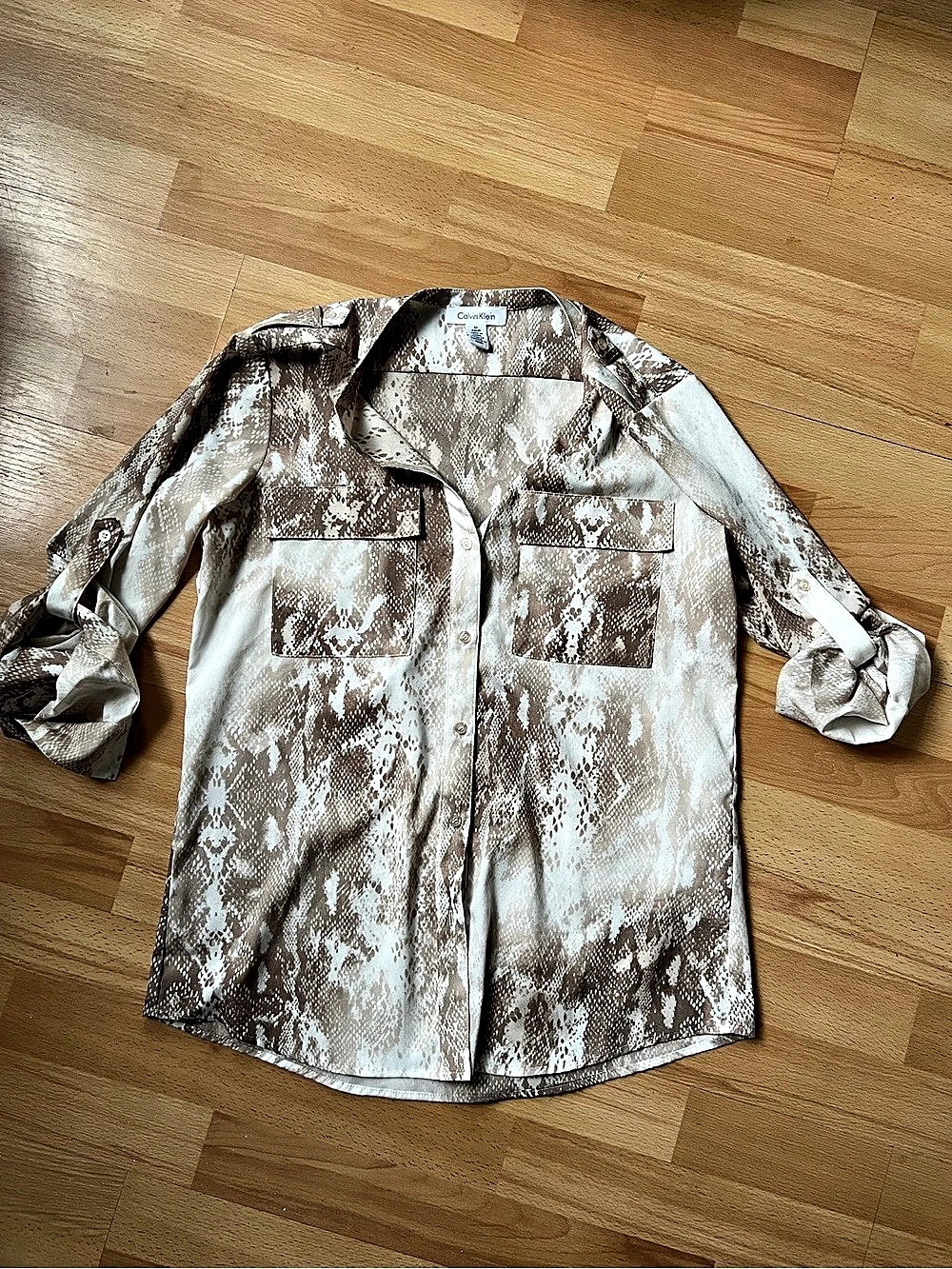 Calvin Klein neutral Snake Animal Print Button Up Blouse Top Brown & cream Small